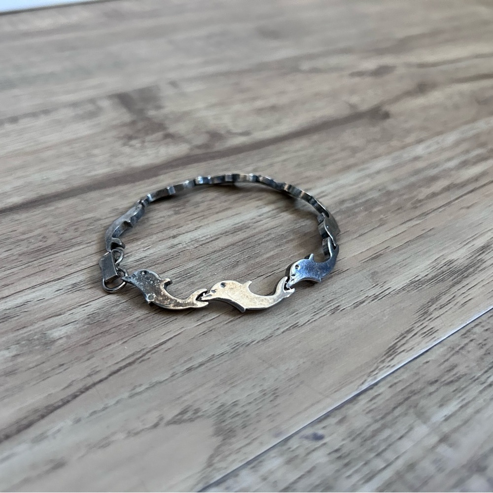 Vintage 925 sterling silver leaping dolphin link bracelet ocean sea-life nature